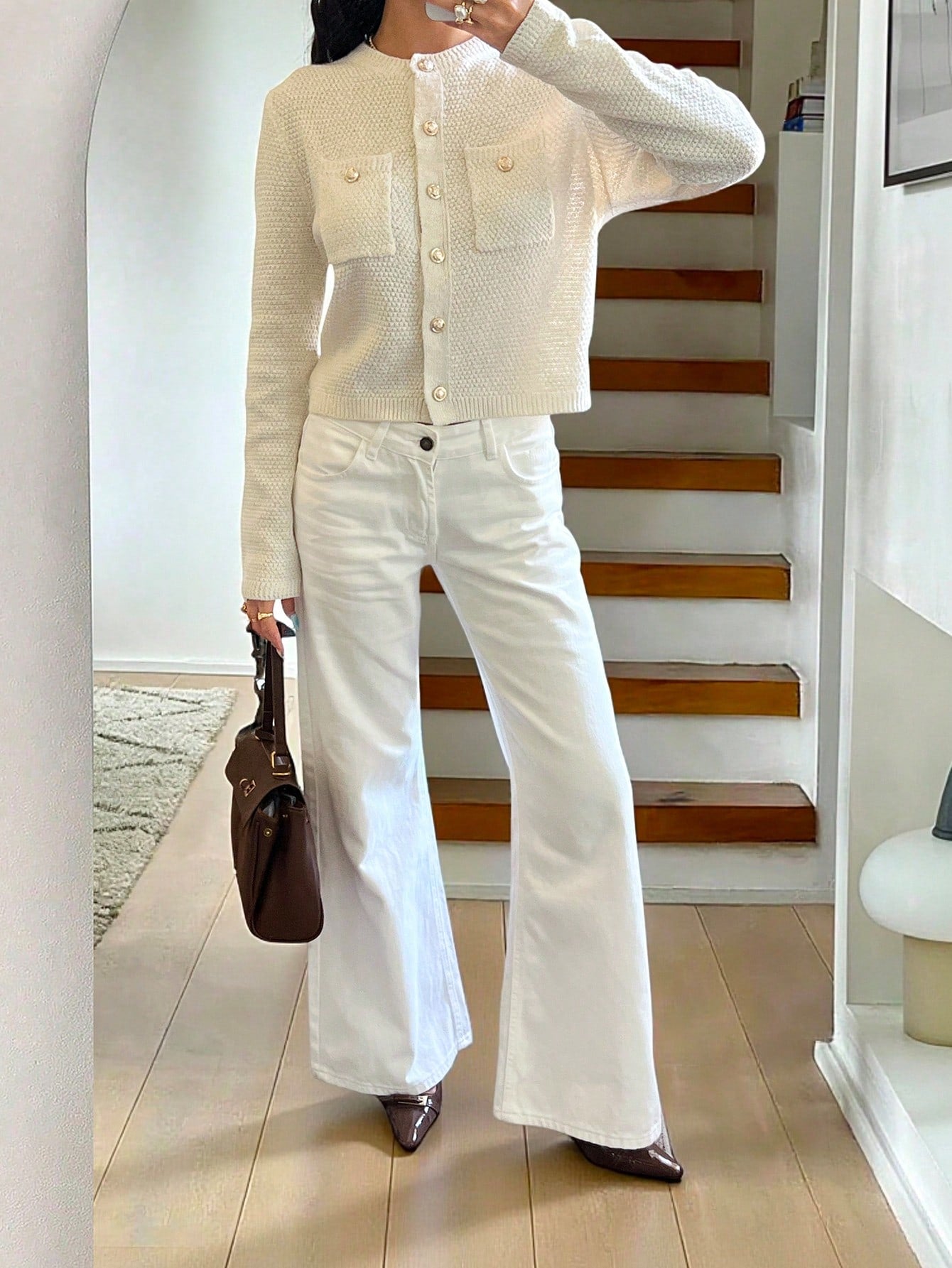 Élégant cardigan tricoté à col rond, manches longues - Floorah