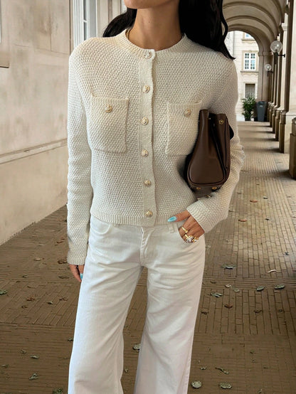 Élégant cardigan tricoté à col rond, manches longues - Floorah