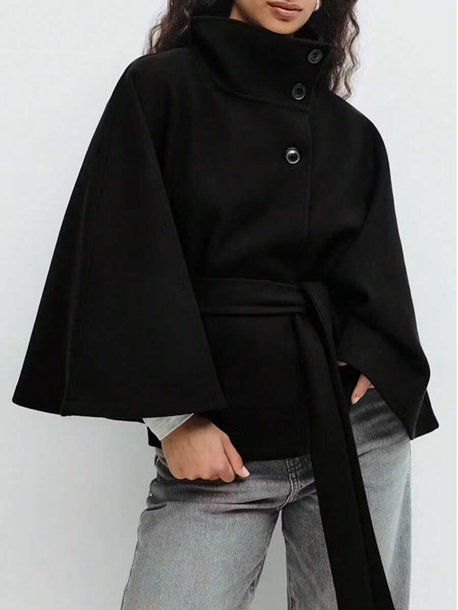 Manteau en laine à boutons devant et ceinture à la taille - Floorah