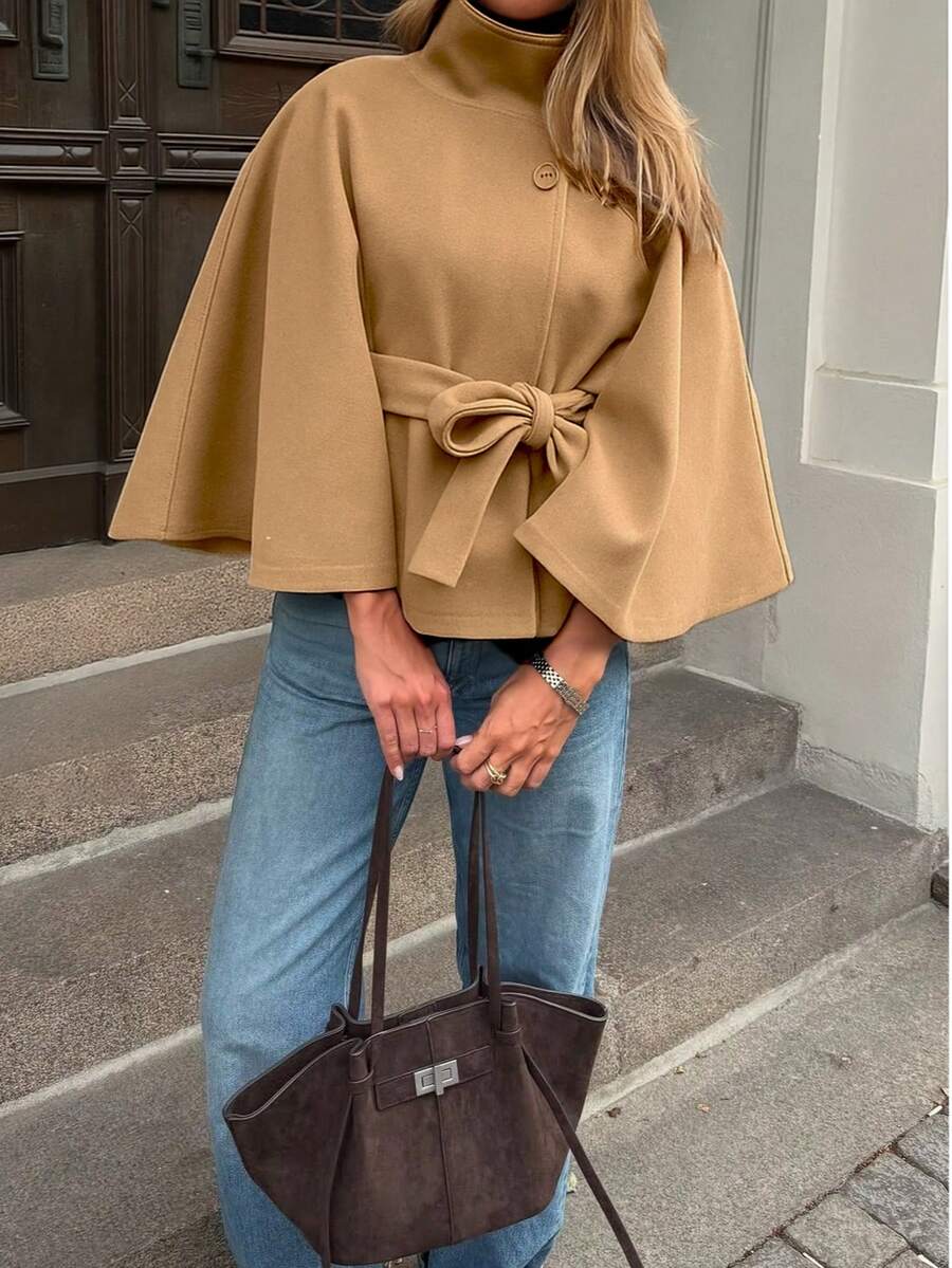 Manteau en laine à boutons devant et ceinture à la taille - Floorah