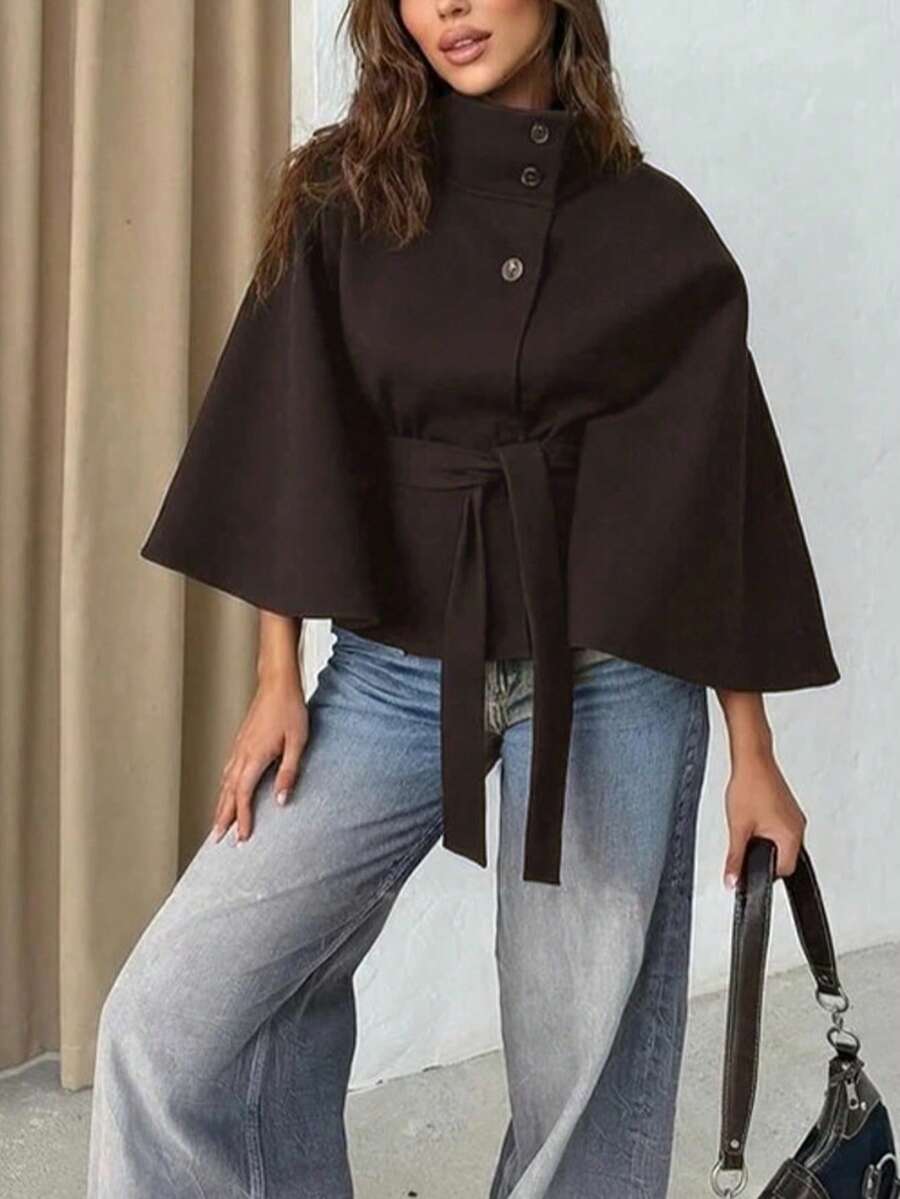 Manteau en laine à boutons devant et ceinture à la taille - Floorah