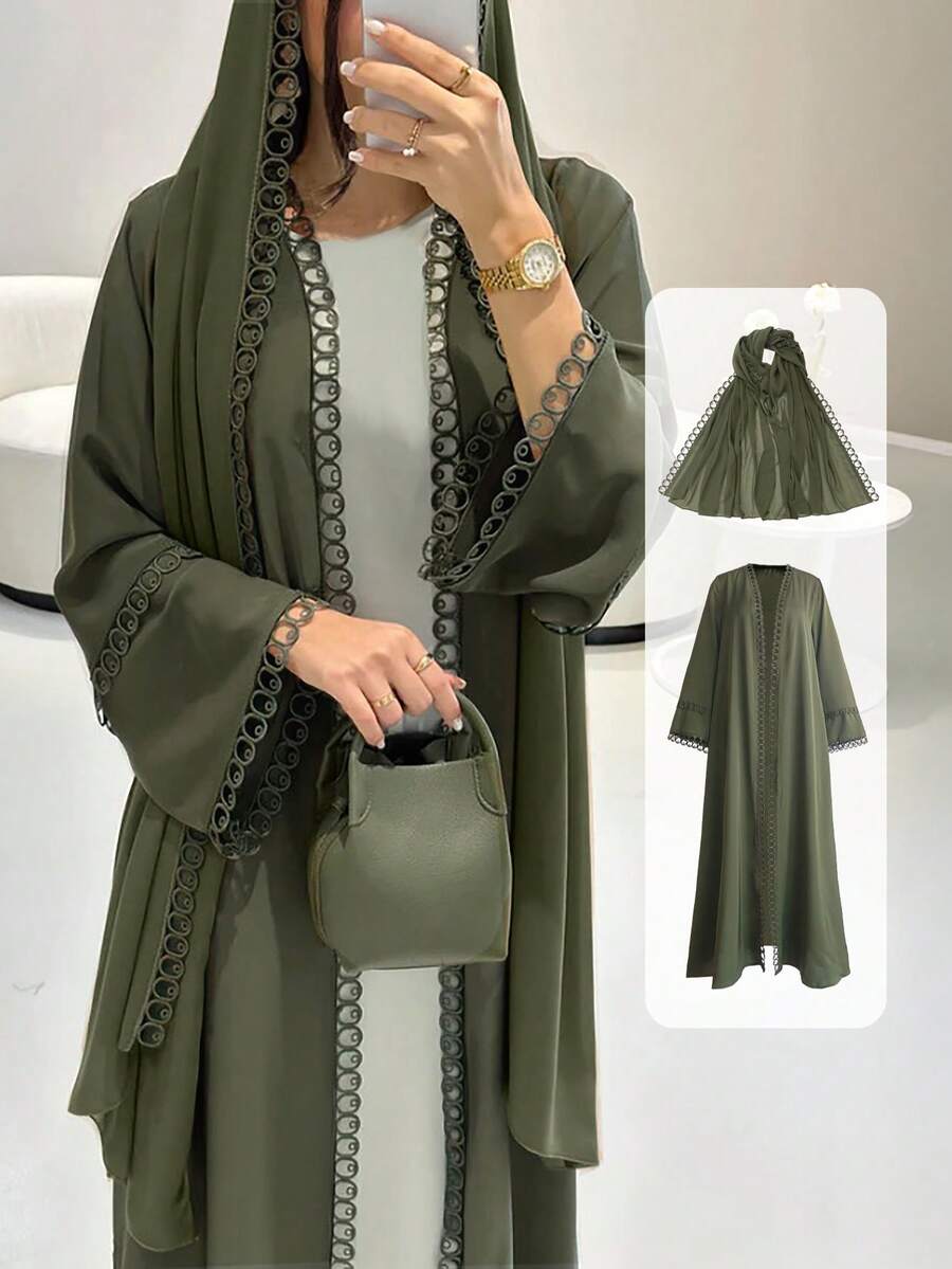 Ensemble abaya ouvert avec bordure en dentelle - Floorah
