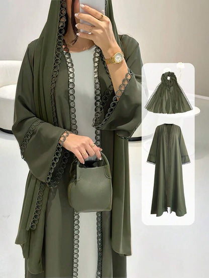 Ensemble abaya ouvert avec bordure en dentelle - Floorah