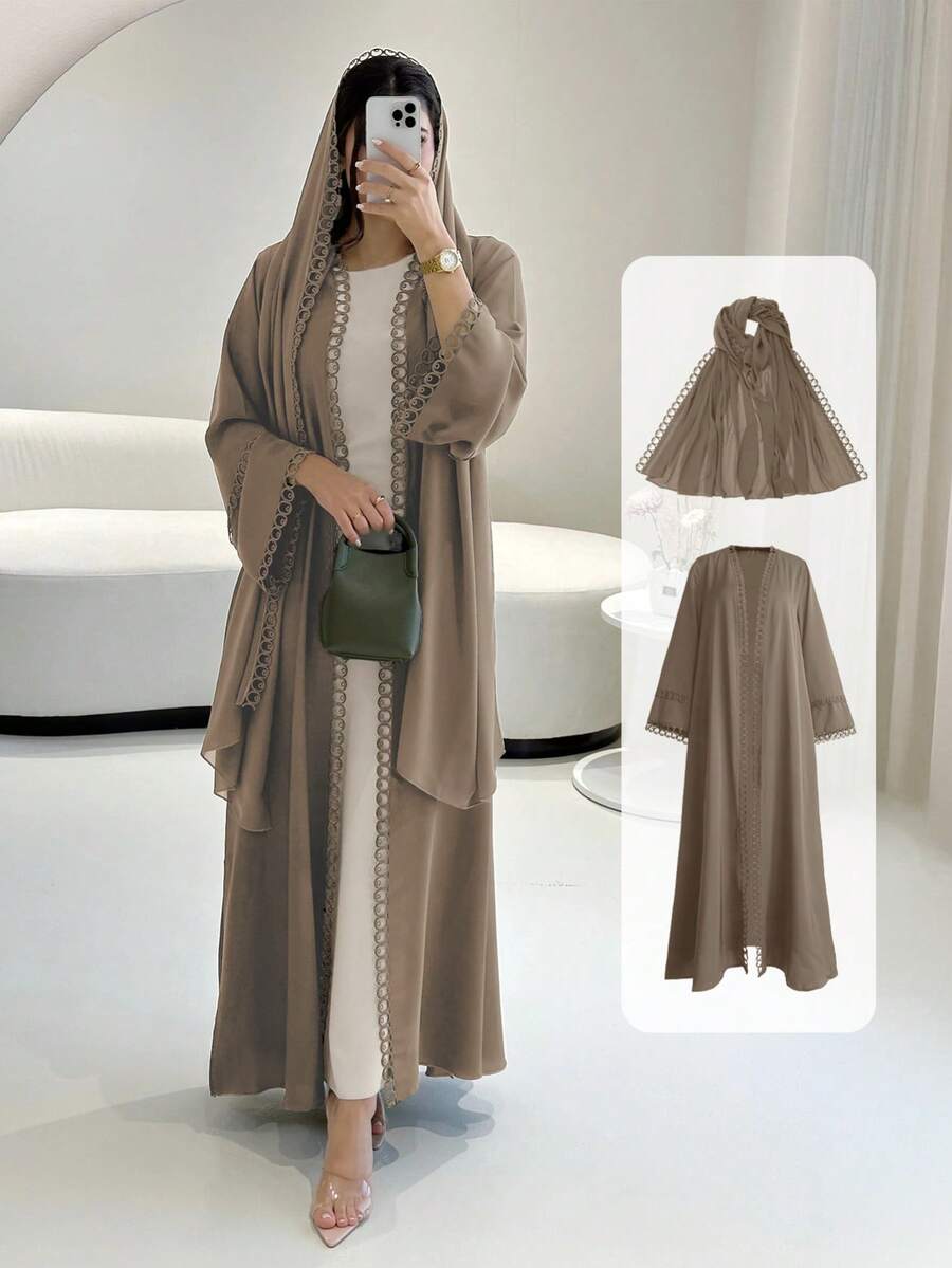 Ensemble abaya ouvert avec bordure en dentelle - Floorah