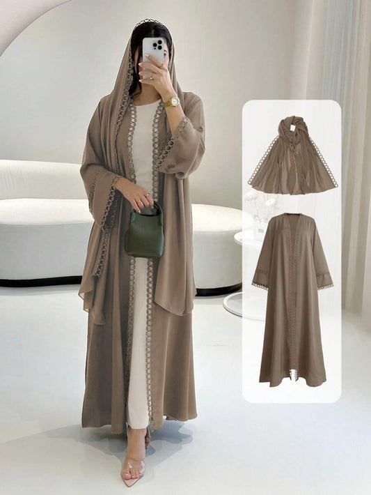 Ensemble abaya ouvert avec bordure en dentelle - Floorah