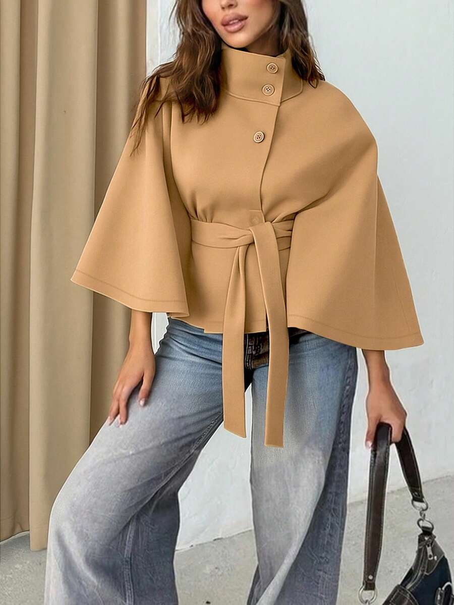 Manteau en laine à boutons devant et ceinture à la taille - Floorah