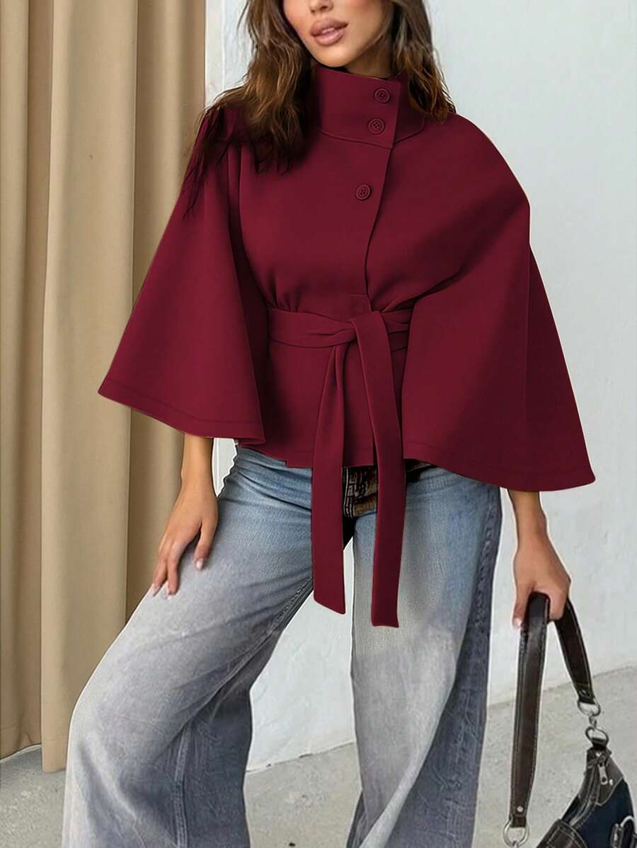 Manteau en laine à boutons devant et ceinture à la taille - Floorah