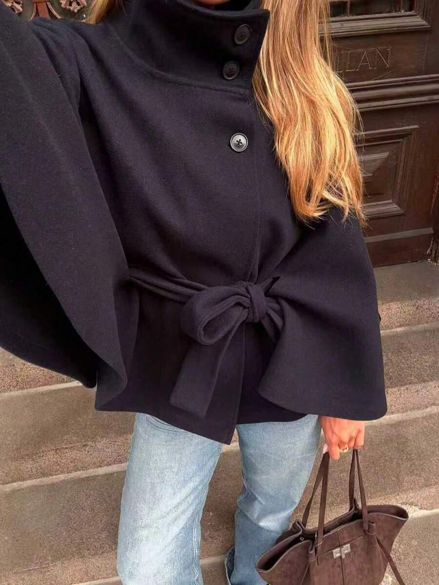 Manteau en laine à boutons devant et ceinture à la taille - Floorah