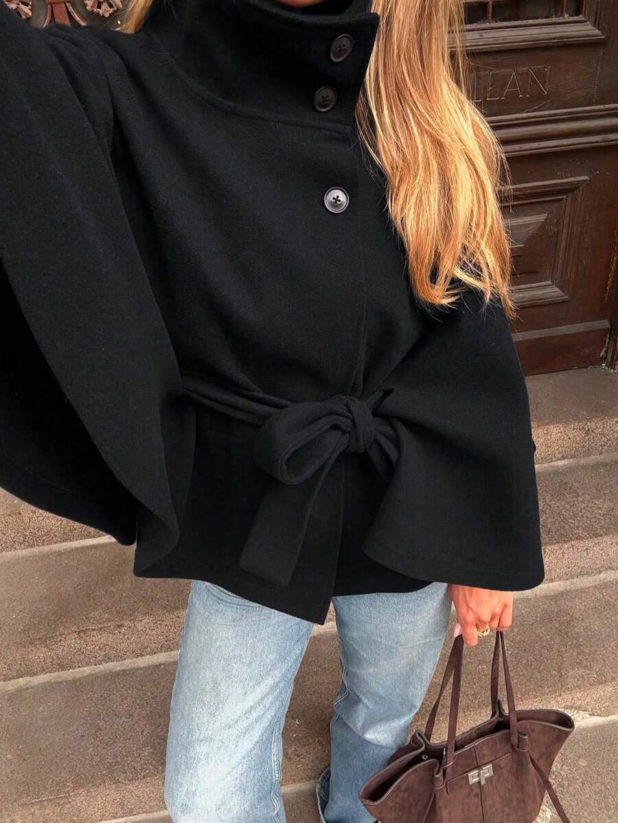 Manteau en laine à boutons devant et ceinture à la taille - Floorah