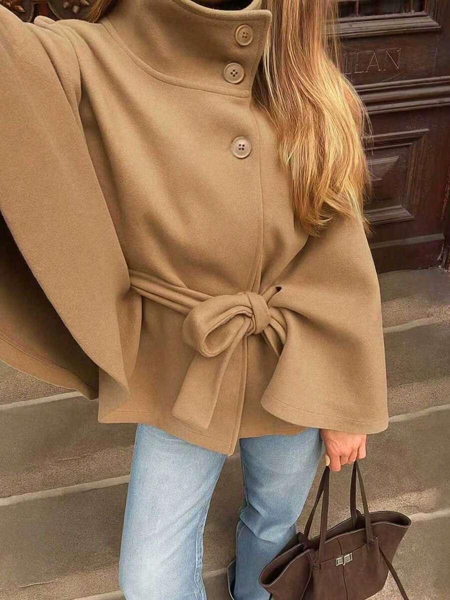 Manteau en laine à boutons devant et ceinture à la taille - Floorah