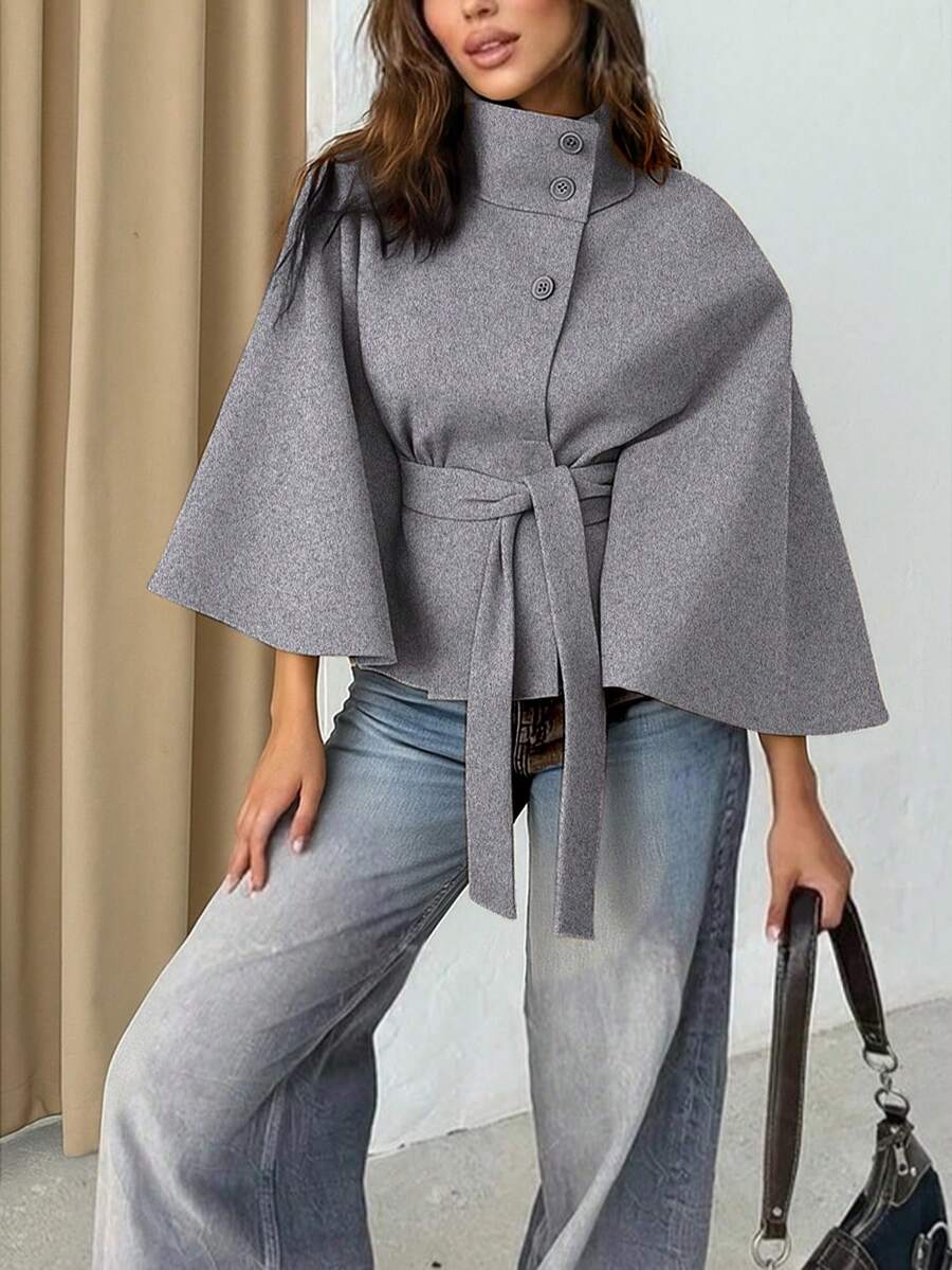 Manteau en laine à boutons devant et ceinture à la taille - Floorah