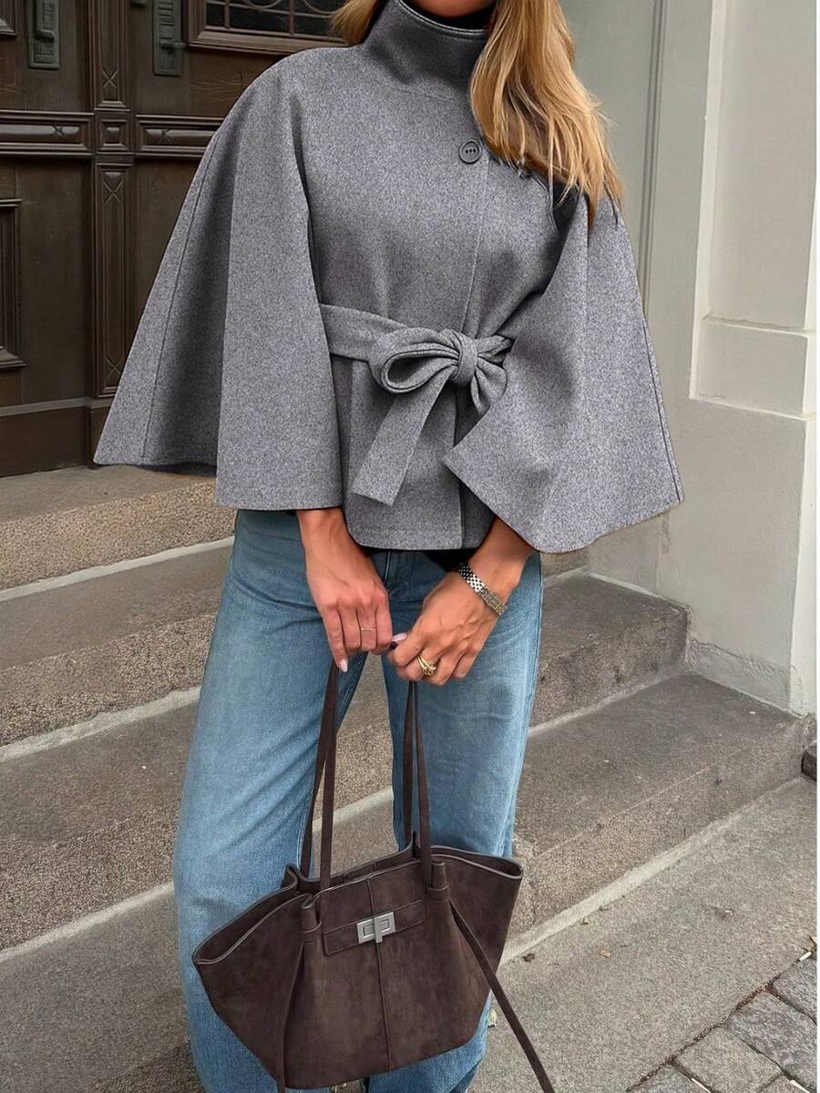 Manteau en laine à boutons devant et ceinture à la taille - Floorah