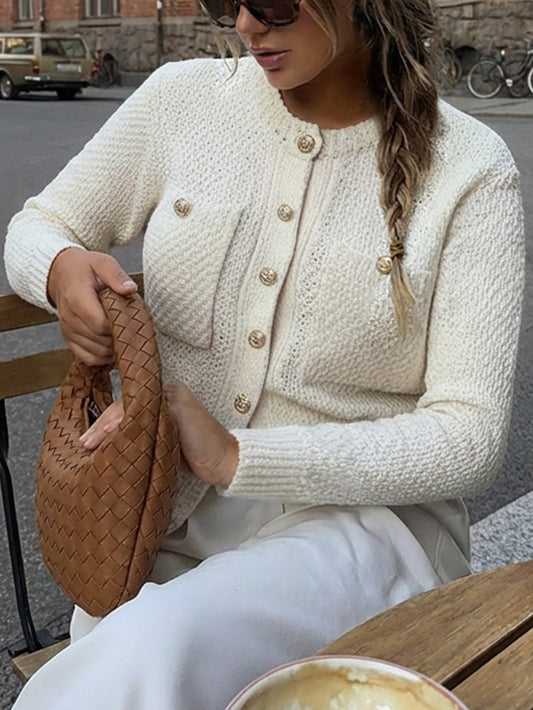 Élégant cardigan tricoté à col rond, manches longues - Floorah