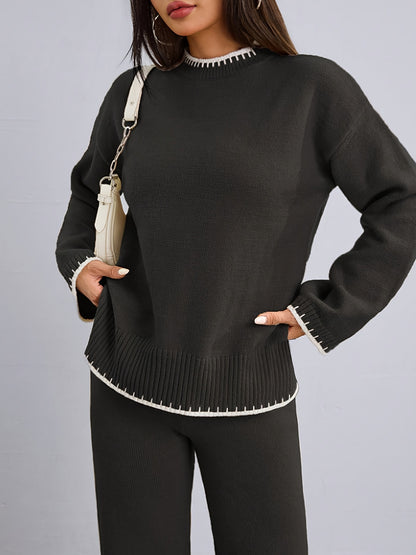 Pull-over ample à col rond contrasté et pantalon uni