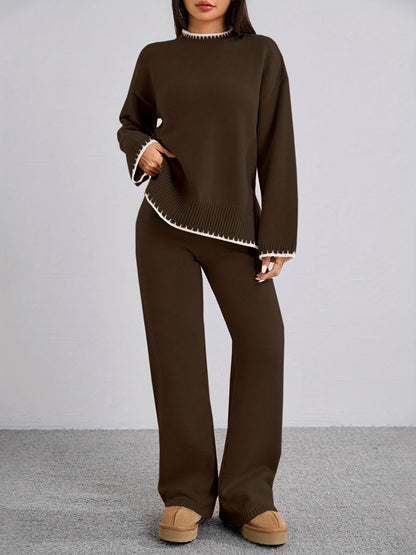 Pull-over ample à col rond contrasté et pantalon uni