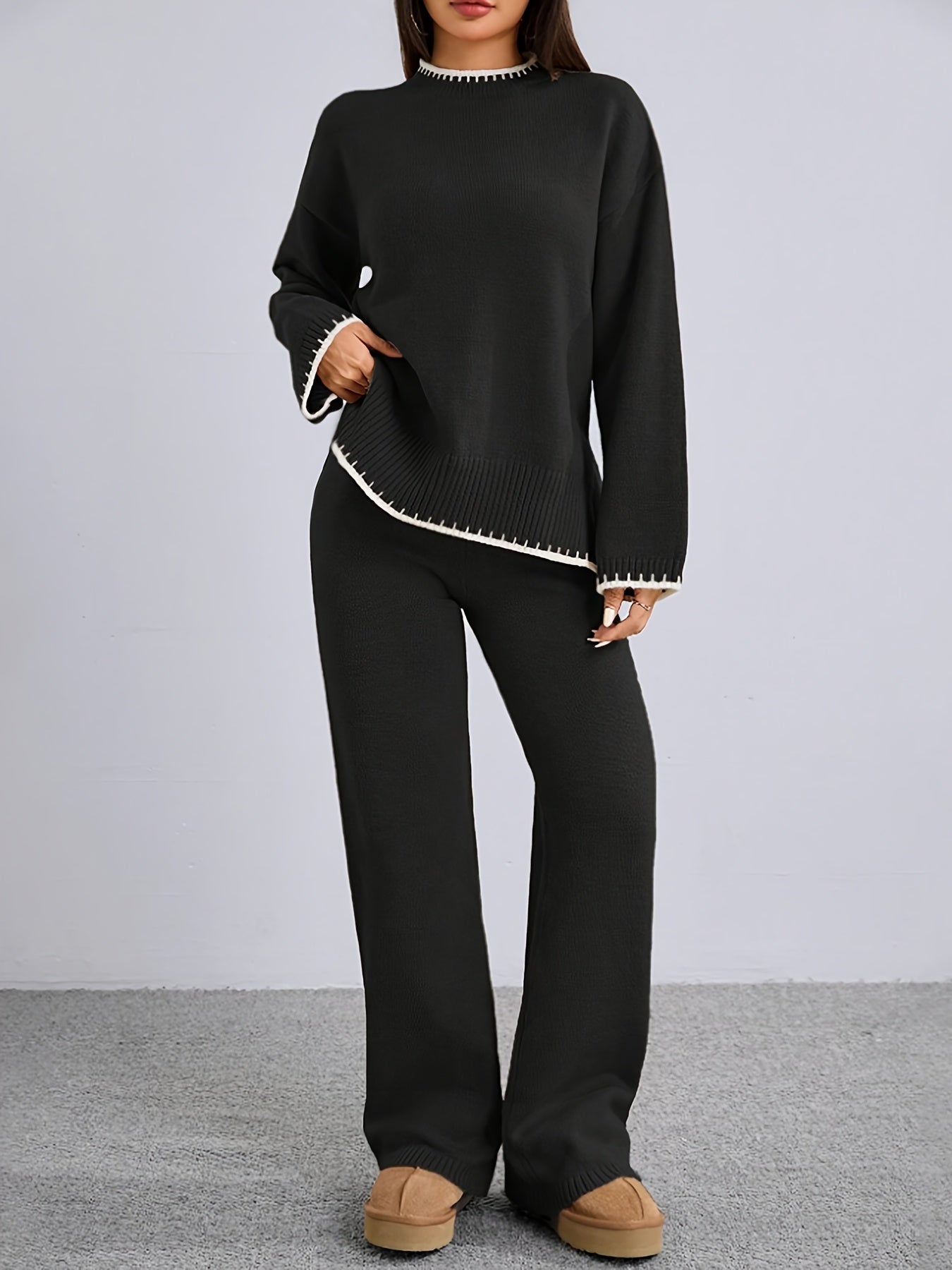 Pull-over ample à col rond contrasté et pantalon uni