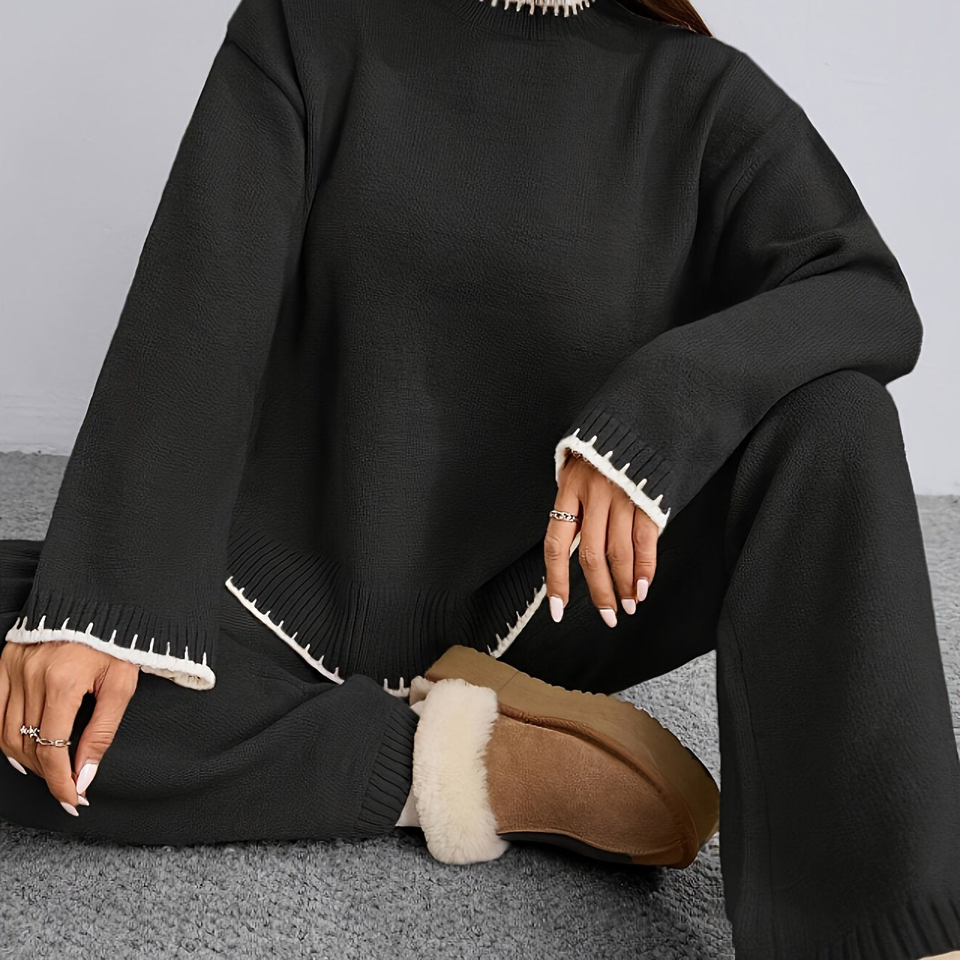 Pull-over ample à col rond contrasté et pantalon uni