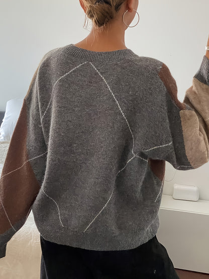 Pull ample à carreaux – Manches longues, col rond