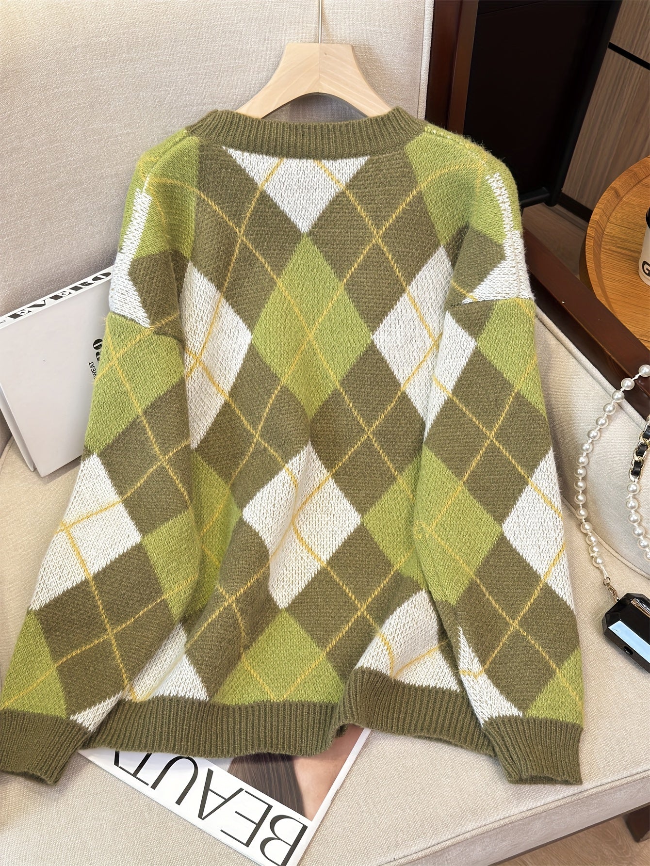 Pull style lazy à motif losanges – Rétro ample