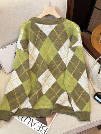 Pull style lazy à motif losanges – Rétro ample