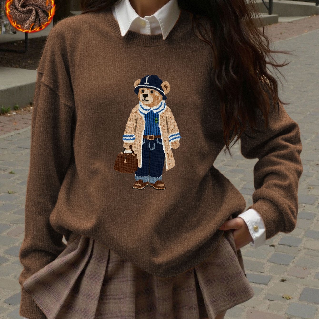 Pull cosy motif ourson marron – Col rond, manches longues