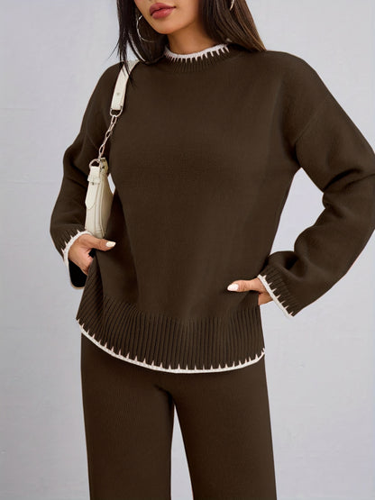 Pull-over ample à col rond contrasté et pantalon uni