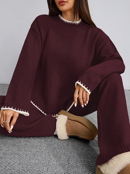 Pull-over ample à col rond contrasté et pantalon uni