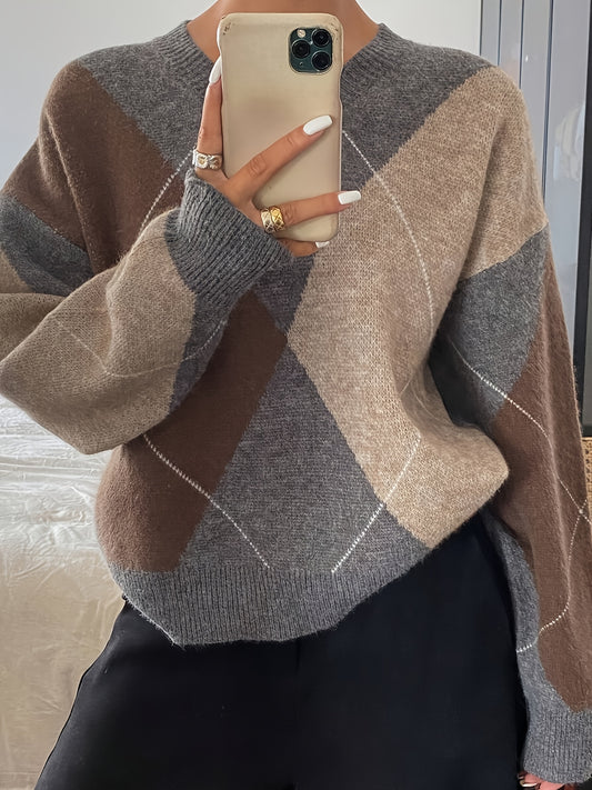 Pull ample à carreaux – Manches longues, col rond