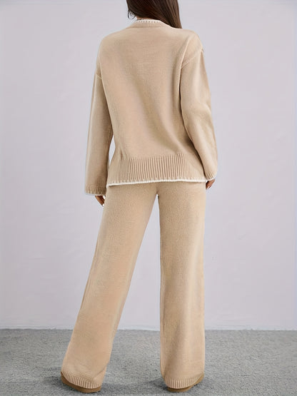 Pull-over ample à col rond contrasté et pantalon uni