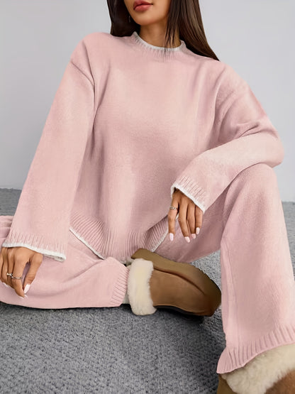 Pull-over ample à col rond contrasté et pantalon uni