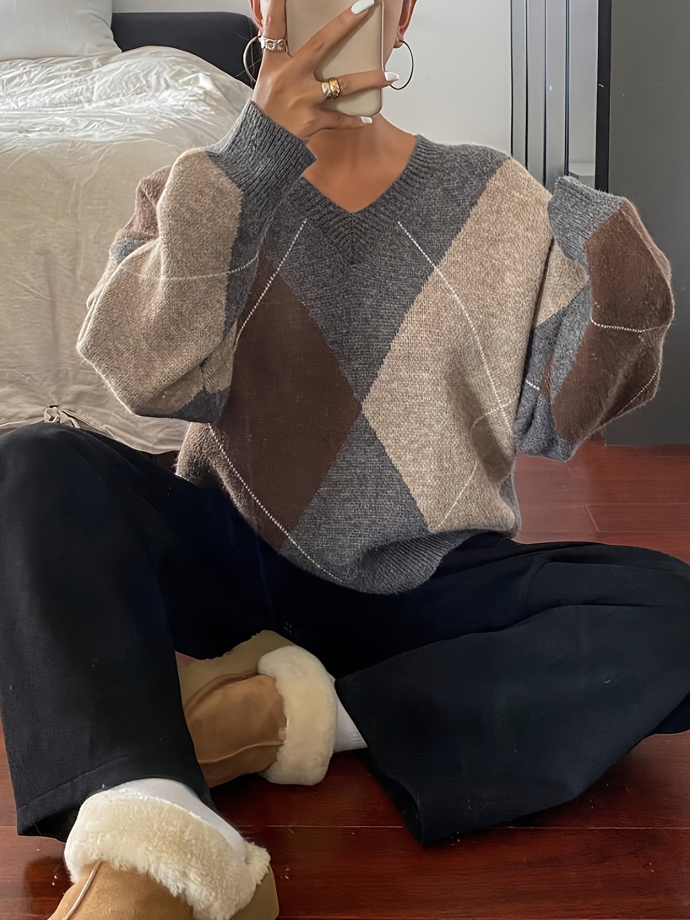 Pull ample à carreaux – Manches longues, col rond