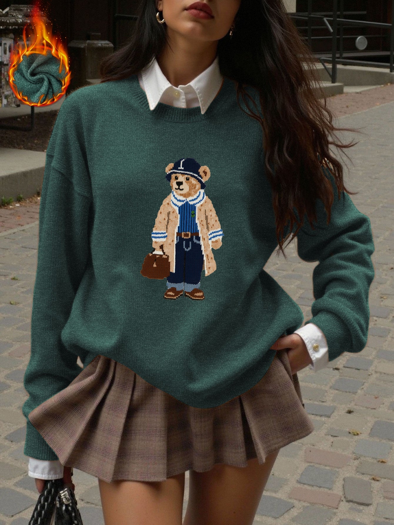 Pull cosy motif ourson marron – Col rond, manches longues