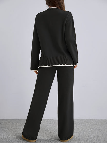 Pull-over ample à col rond contrasté et pantalon uni