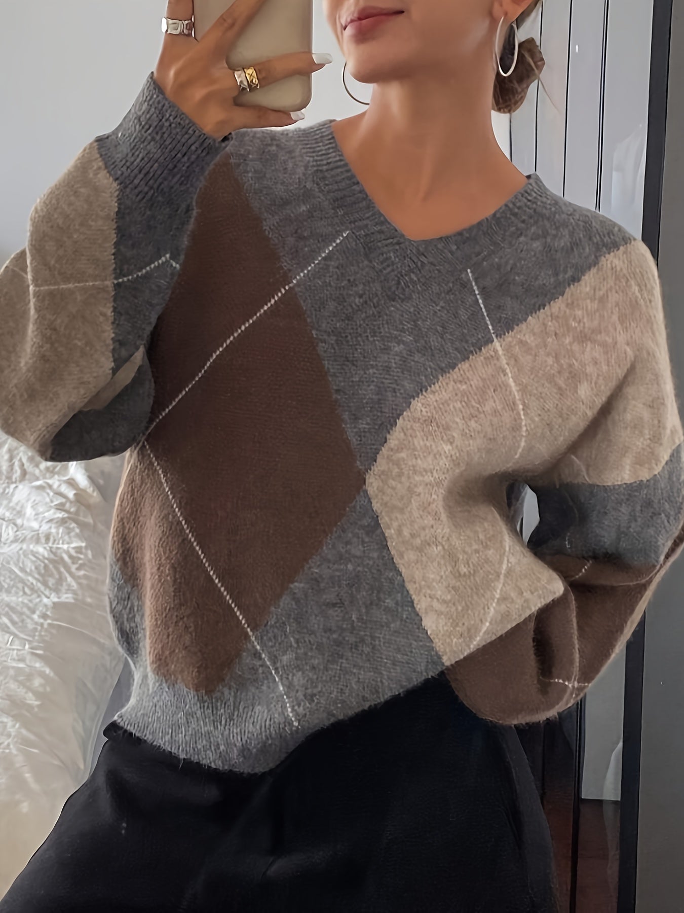 Pull ample à carreaux – Manches longues, col rond