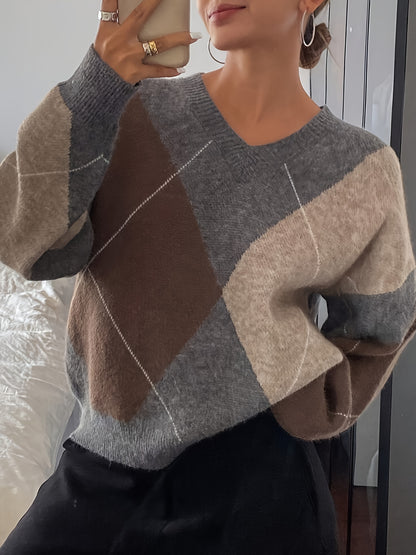 Pull ample à carreaux – Manches longues, col rond