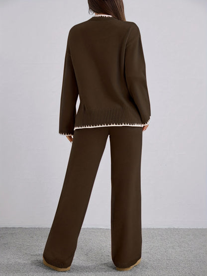 Pull-over ample à col rond contrasté et pantalon uni