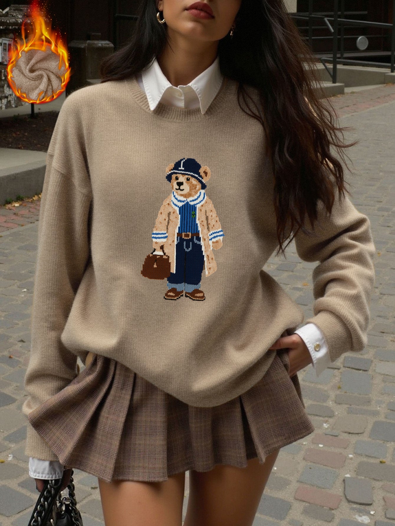 Pull cosy motif ourson marron – Col rond, manches longues