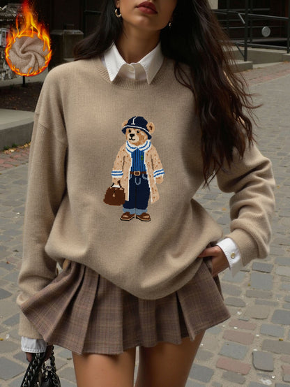 Pull cosy motif ourson marron – Col rond, manches longues