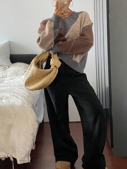 Pull ample à carreaux – Manches longues, col rond