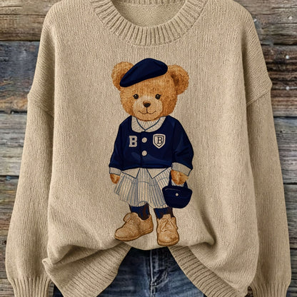 Pull femme motif ourson – Beige et bleu marine