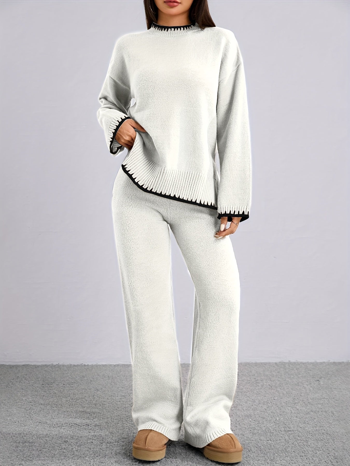 Pull-over ample à col rond contrasté et pantalon uni