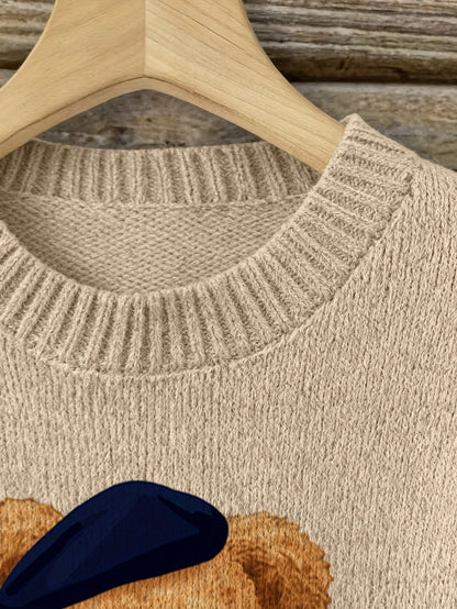 Pull femme motif ourson – Beige et bleu marine