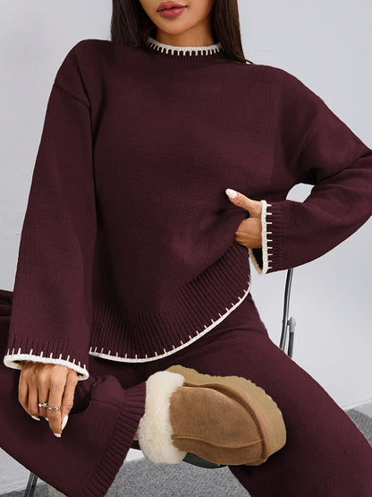 Pull-over ample à col rond contrasté et pantalon uni