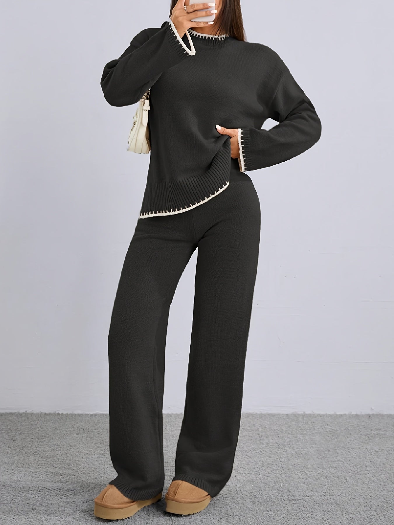 Pull-over ample à col rond contrasté et pantalon uni