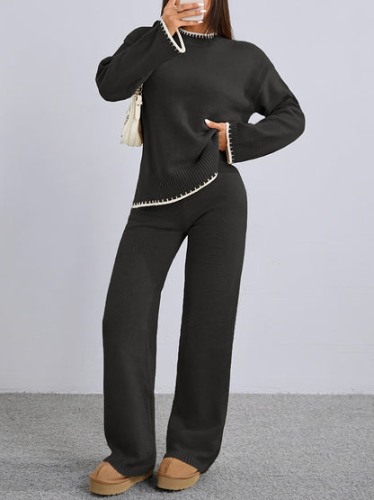 Pull-over ample à col rond contrasté et pantalon uni