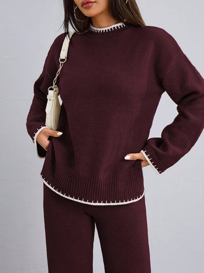 Pull-over ample à col rond contrasté et pantalon uni