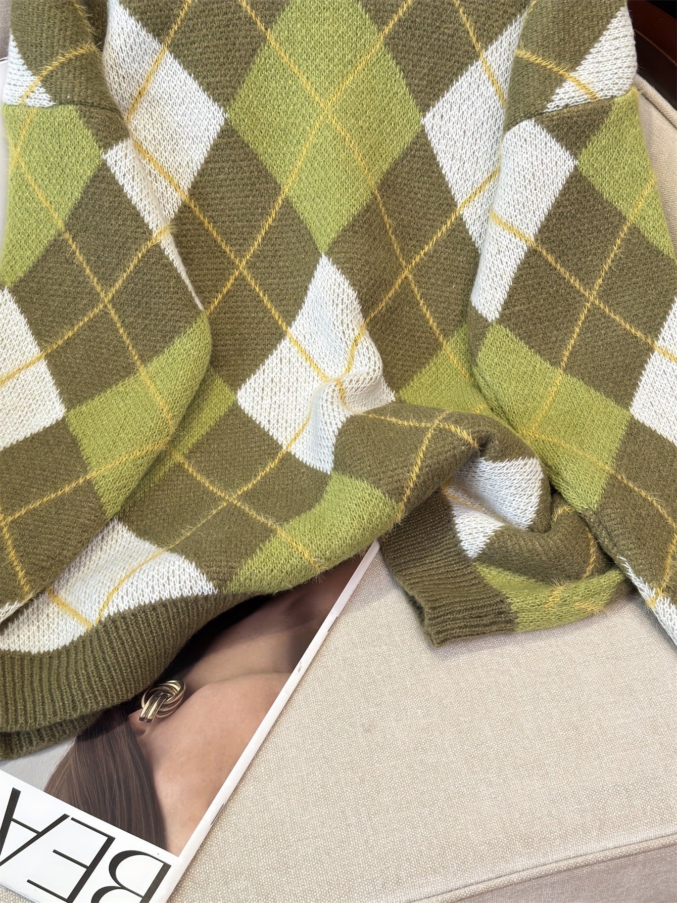 Pull style lazy à motif losanges – Rétro ample