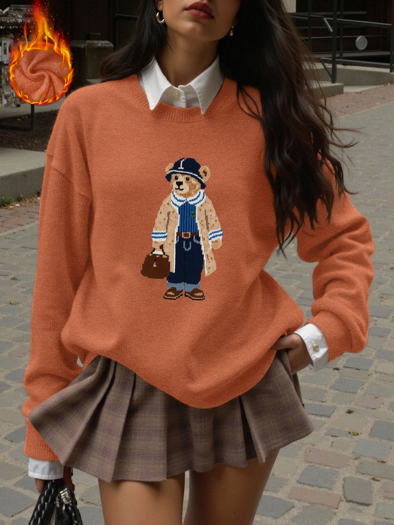 Pull cosy motif ourson marron – Col rond, manches longues