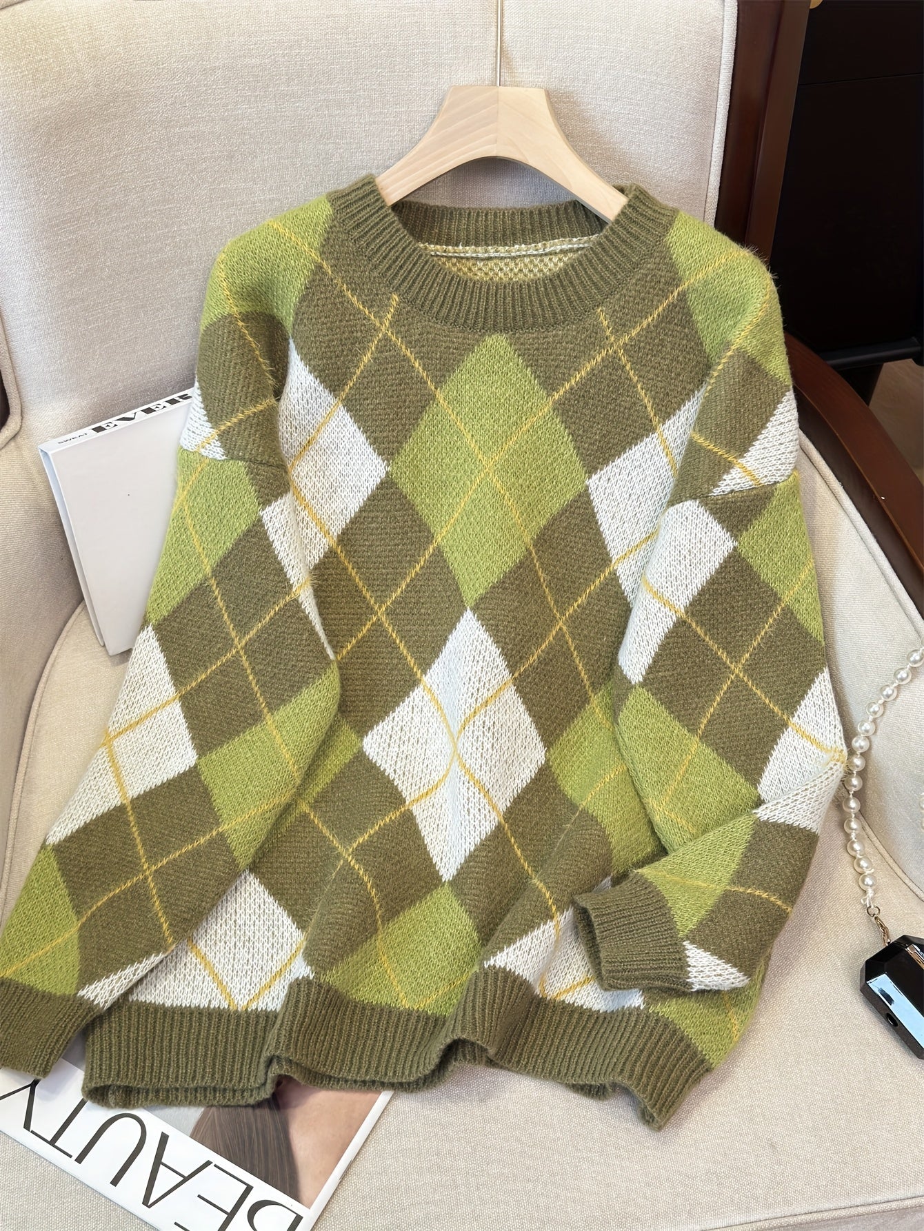 Pull style lazy à motif losanges – Rétro ample