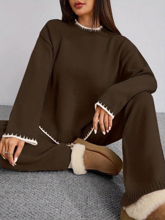 Pull-over ample à col rond contrasté et pantalon uni